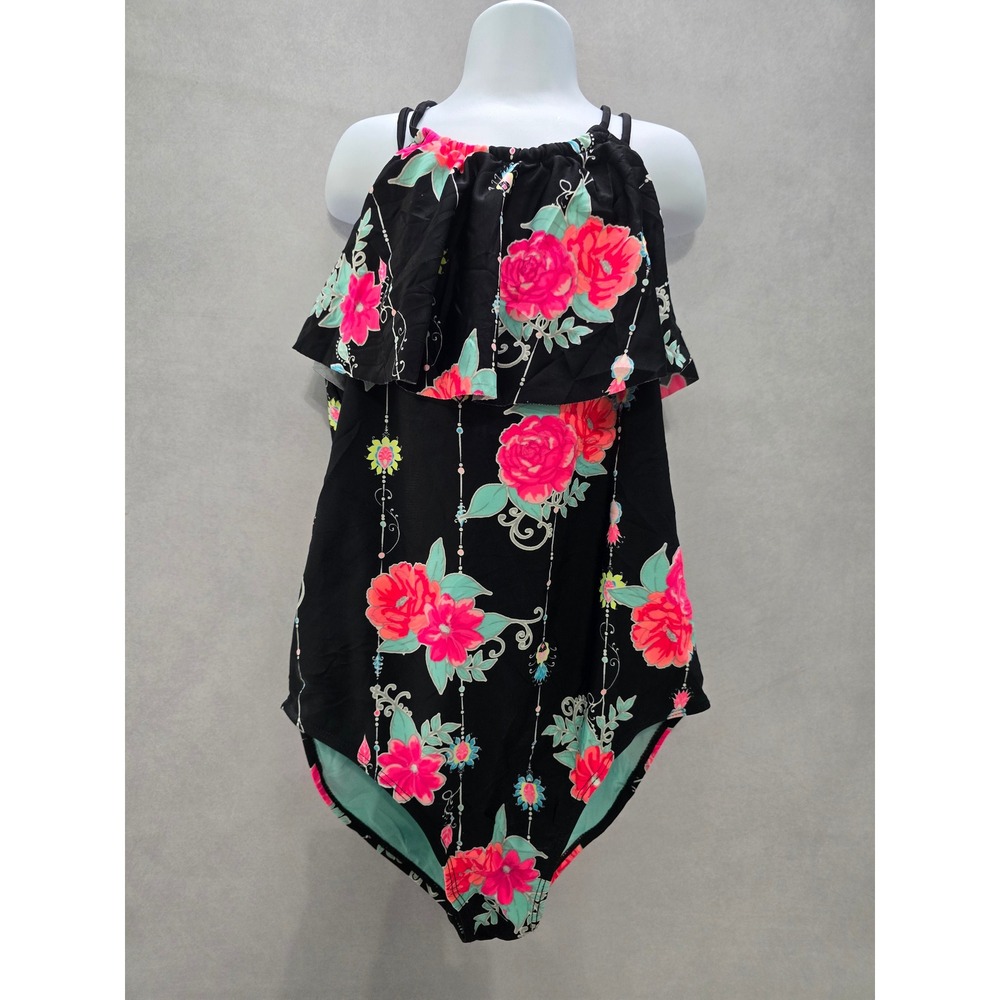 Black Floral Beach Resort Ruffle One Piece Swimsuit Child Toddler Size 10 12